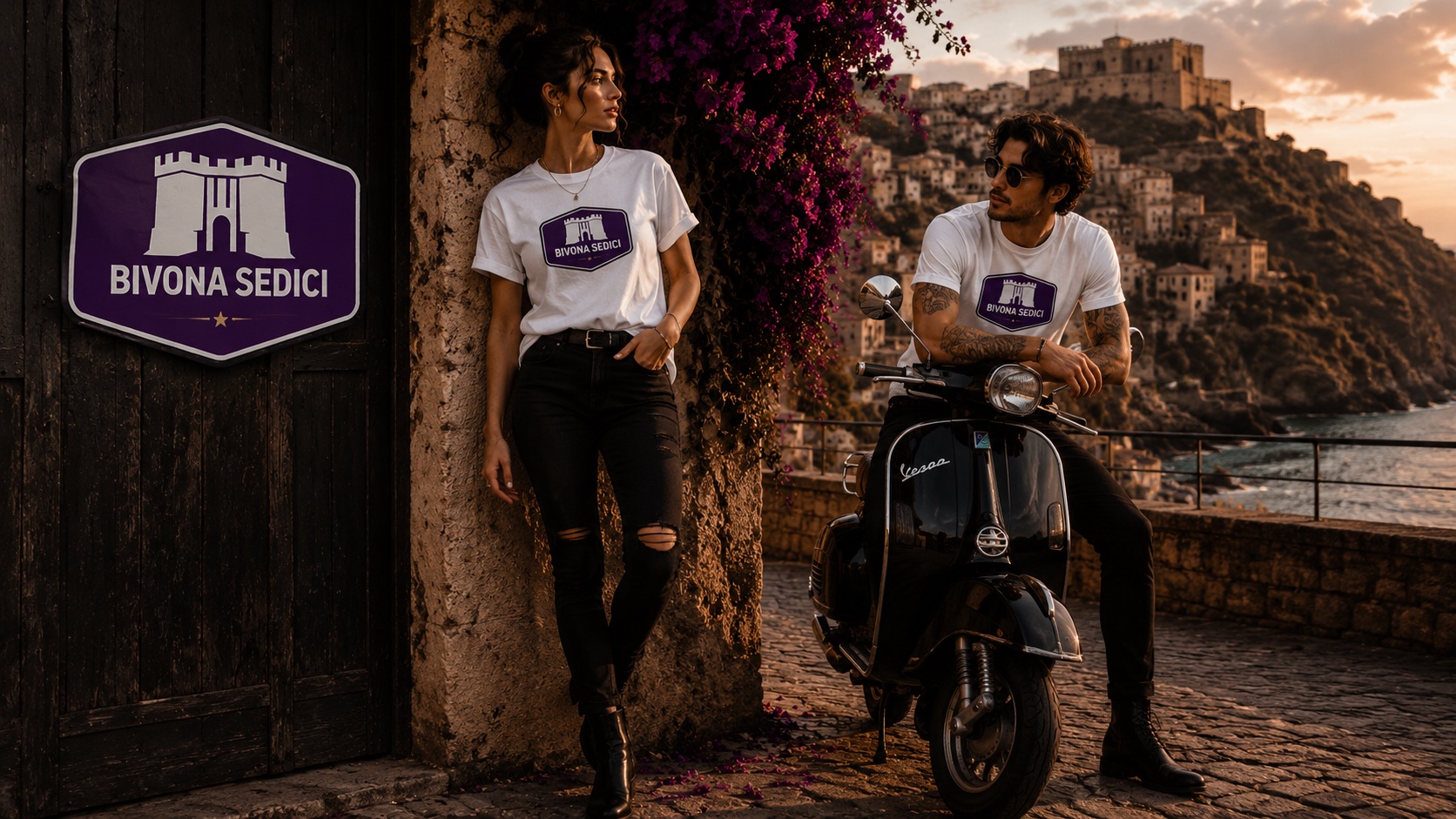 Bivona Sedici — coppia con t-shirt del castello, Vespa e Castello a Mare, Palermo