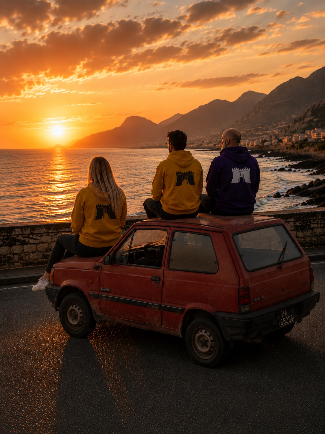 Tre amici al tramonto su una Panda rossa con le felpe del castello Bivona Sedici